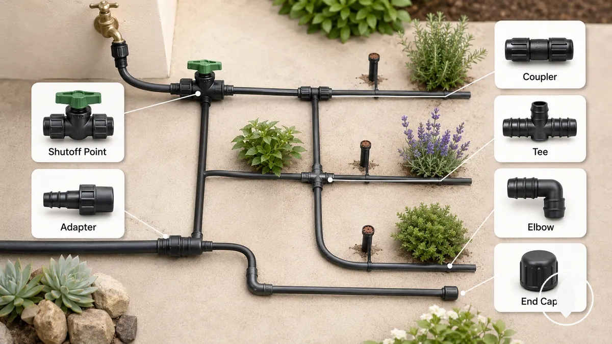 Drip irrigation fittings labeled by role including coupler, adapter, tee, elbow, and end cap