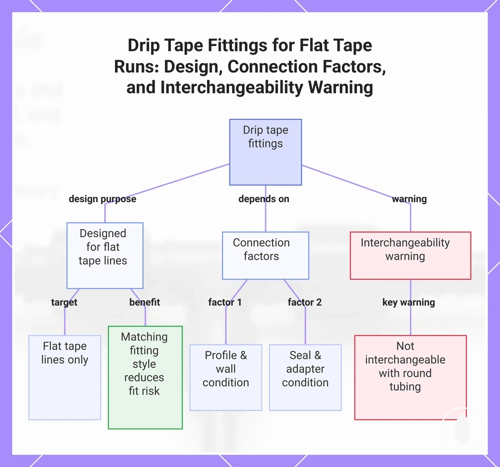 Drip Tape Fittings for Flat Tape Runs: Design, Connection Factors, and Interchangeability Warning