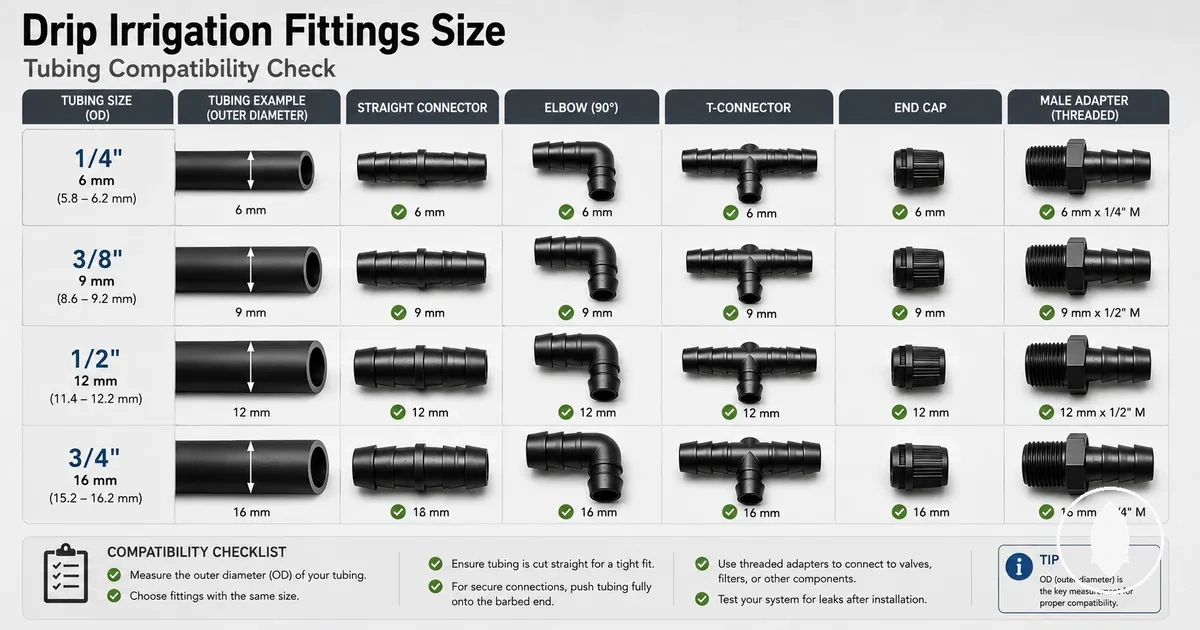 Drip irrigation fittings matched with tubing sizes for compatibility checking