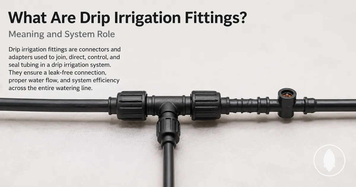Different types of drip irrigation fittings arranged by connector style and shape