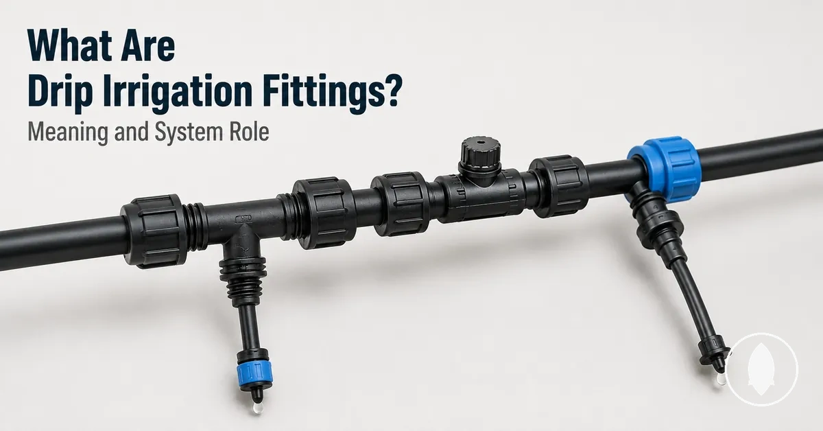 Drip irrigation fittings connected to tubing to show their role in a watering line