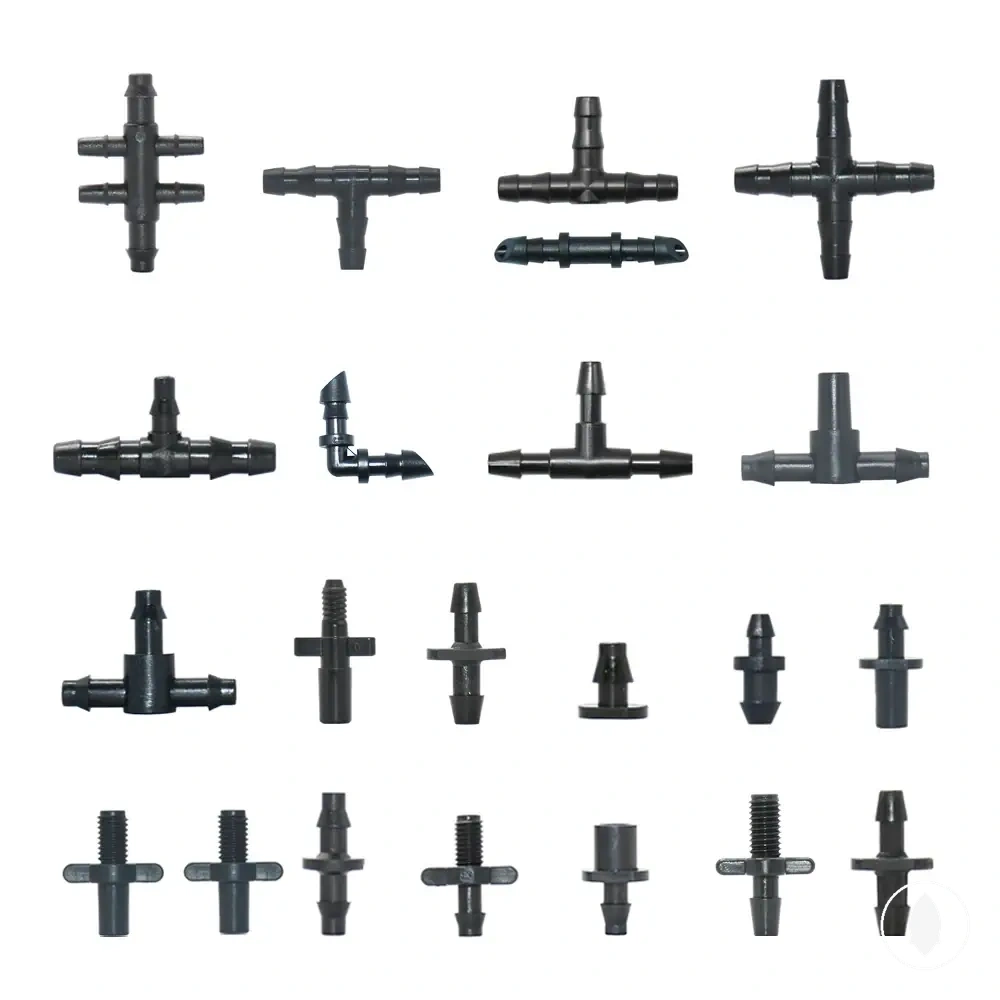 Kit de espigas con T, codos, cruces, tapones y manguitos para mangueras de riego