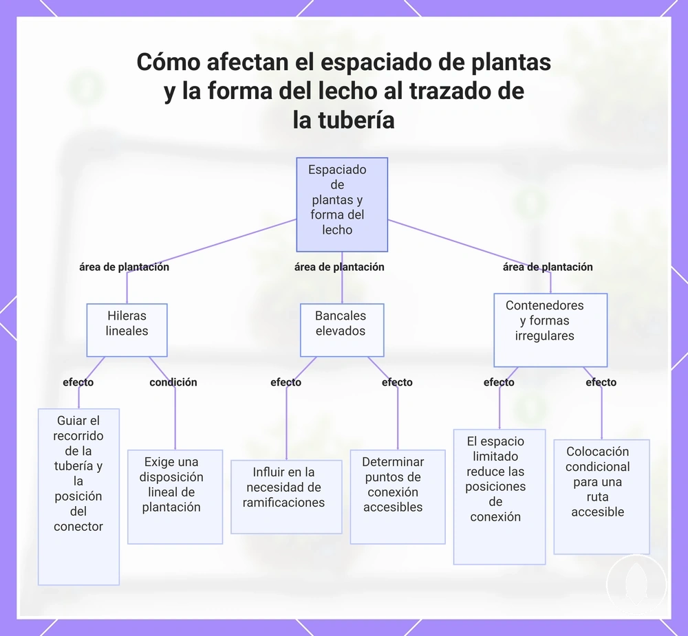 Cómo afectan el espaciado de plantas y la forma del lecho al trazado de la tubería