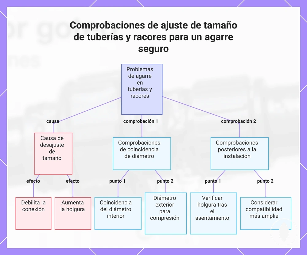 Comprobaciones de ajuste de tamaño de tuberías y racores para un agarre seguro