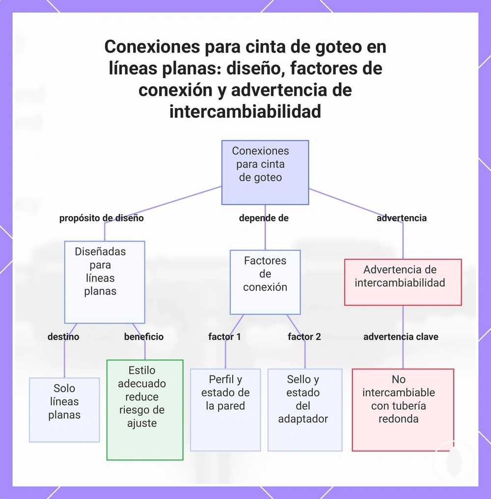 Conexiones para cinta de goteo en líneas planas: diseño, factores de conexión y advertencia de intercambiabilidad