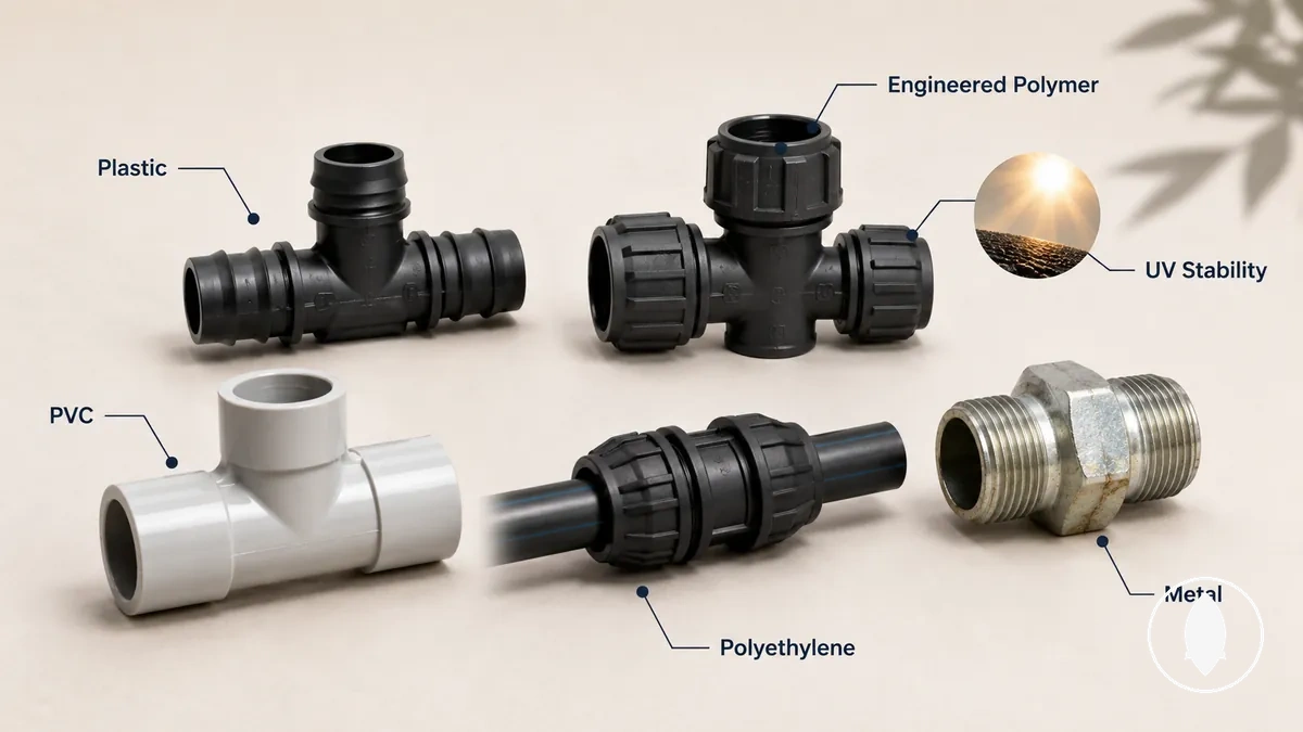 Materiales comunes de accesorios de riego por goteo mostrados en diferentes contextos de conexión