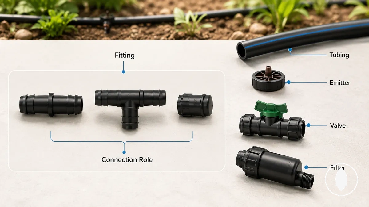 Piezas de accesorios de riego por goteo comparadas con tuberías, emisores, filtros y válvulas