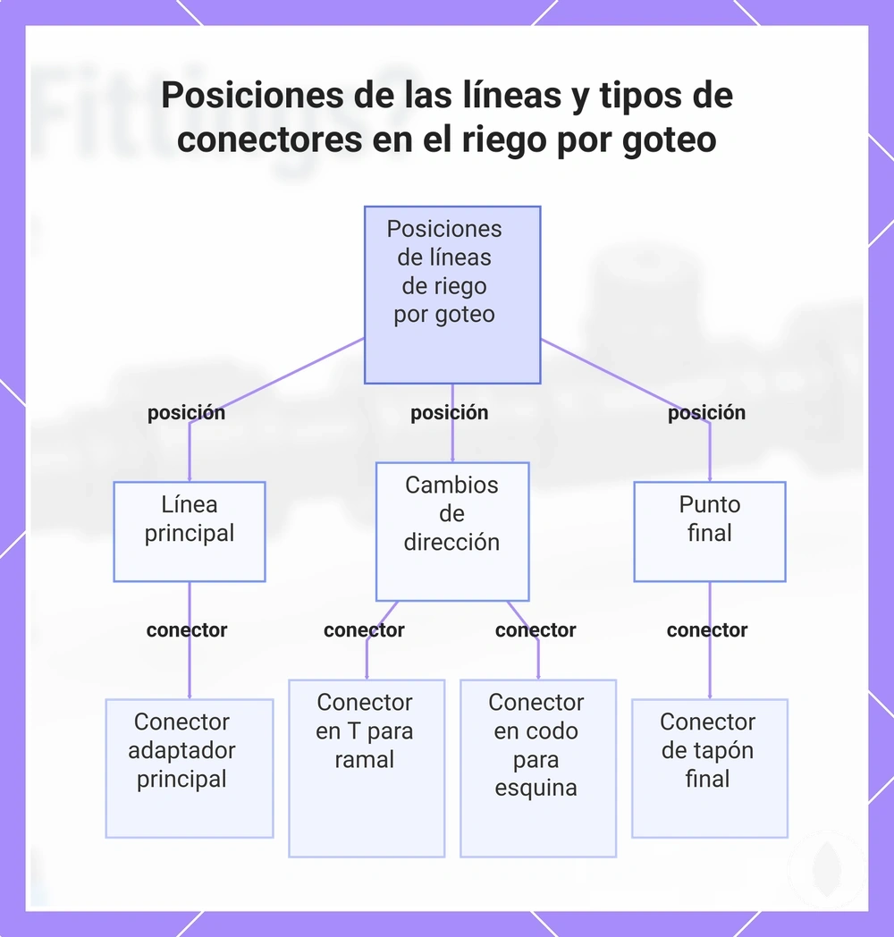 Posiciones de las líneas y tipos de conectores en el riego por goteo
