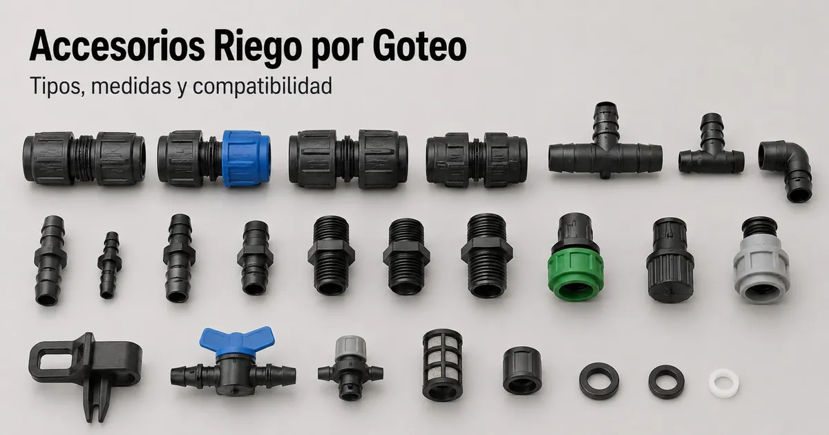 Surtido de accesorios de riego por goteo con varios tipos de conectores y uniones para tuberías