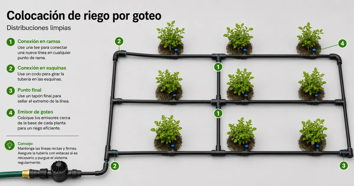 Accesorios de riego por goteo colocados en ramales, esquinas y extremos de una distribución limpia