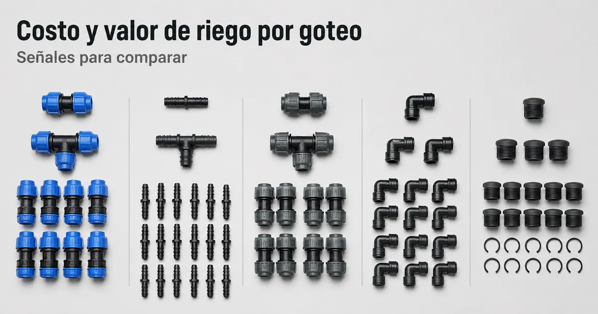 Accesorios de riego por goteo agrupados por tipo y cantidad para comparar factores de valor