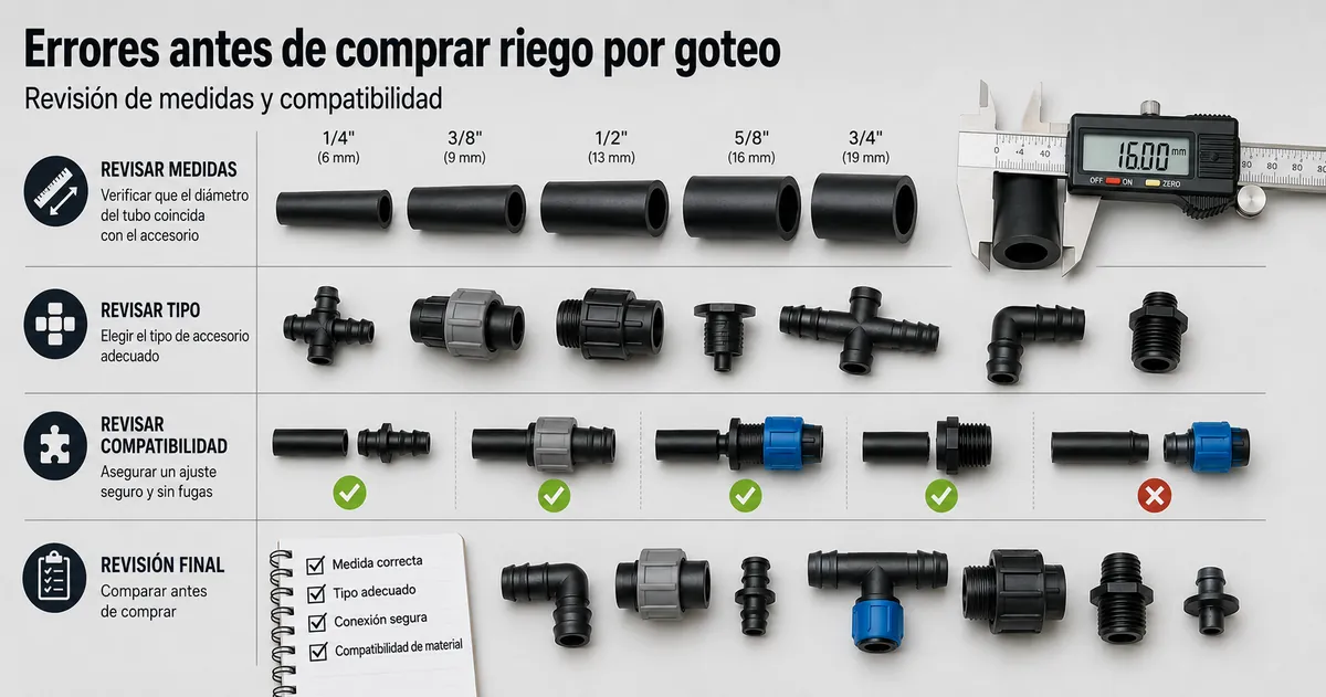 Accesorios de riego por goteo colocados para comprobar medidas, tipo y errores de conexión antes de comprar