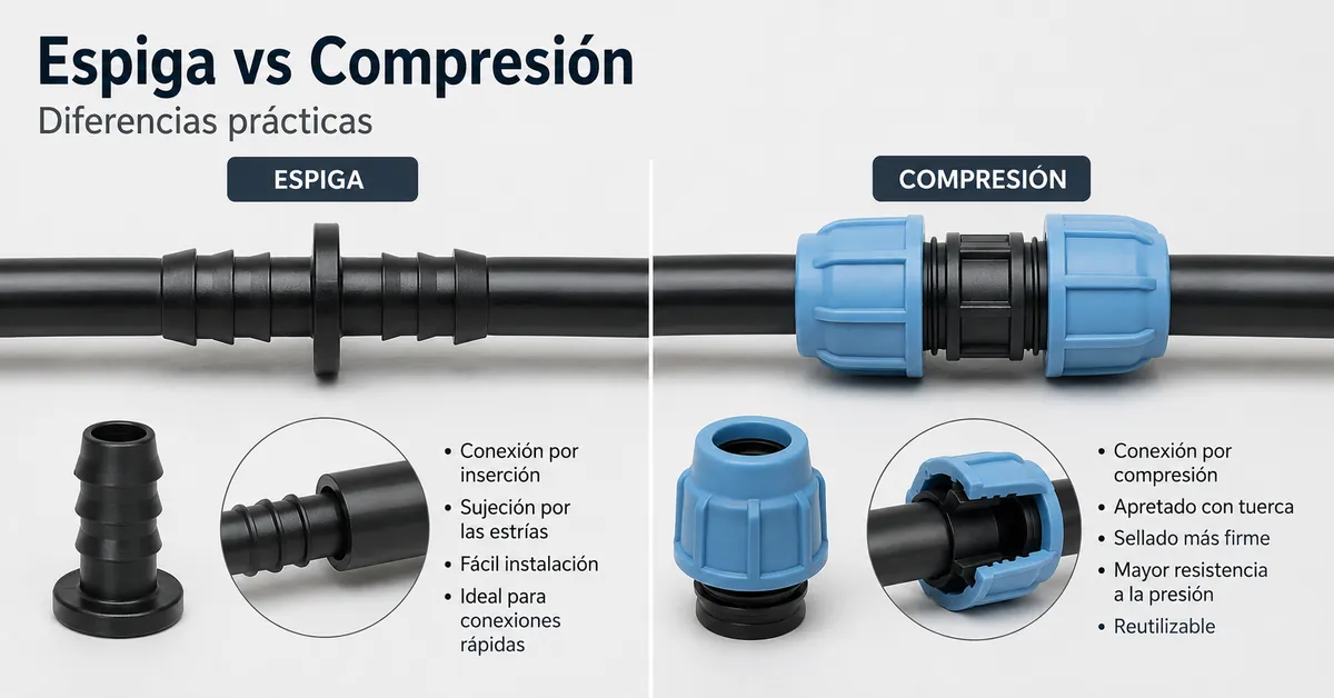 Accesorios de riego por goteo de espiga y de compresión mostrados uno junto a otro para comparar
