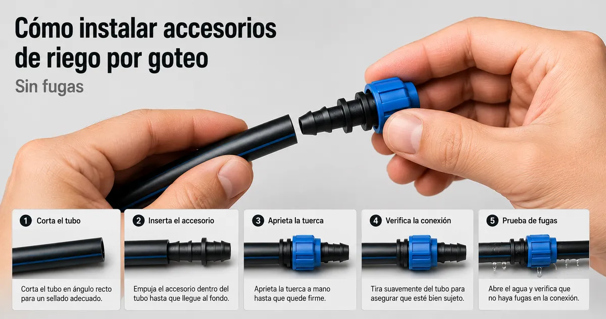 Manos instalando accesorios de riego por goteo en una tubería para evitar fugas