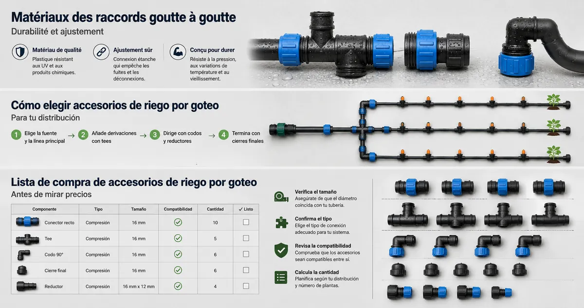 Vista tipo lista de accesorios de riego por goteo para comprobar medida, tipo y compatibilidad