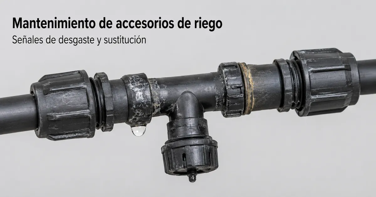 Accesorios de riego por goteo revisados para detectar desgaste, fugas y señales de sustitución