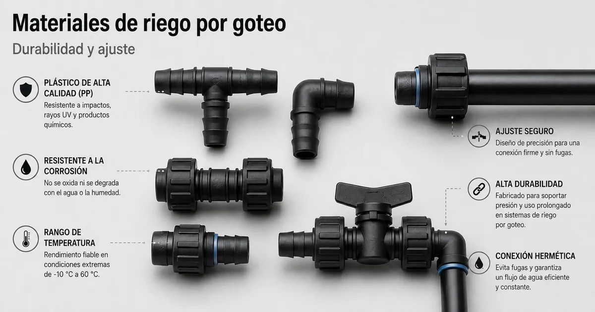 Accesorios de riego por goteo de plástico resistente con puntos de conexión para tuberías