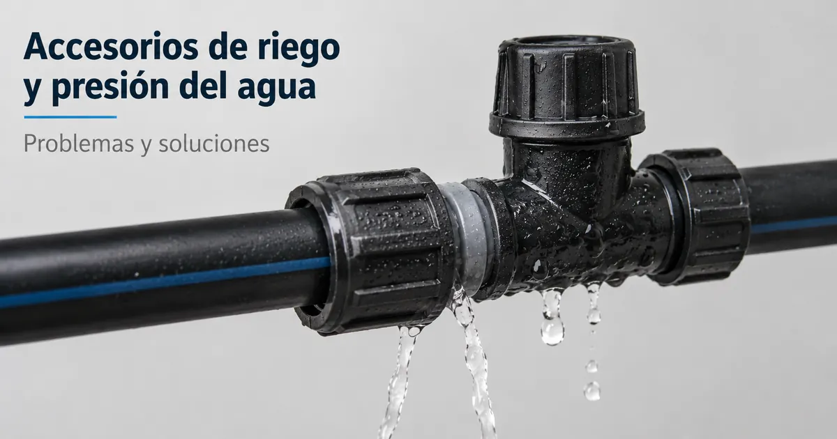 Accesorios de riego por goteo conectados junto a una tubería donde la presión puede causar fugas