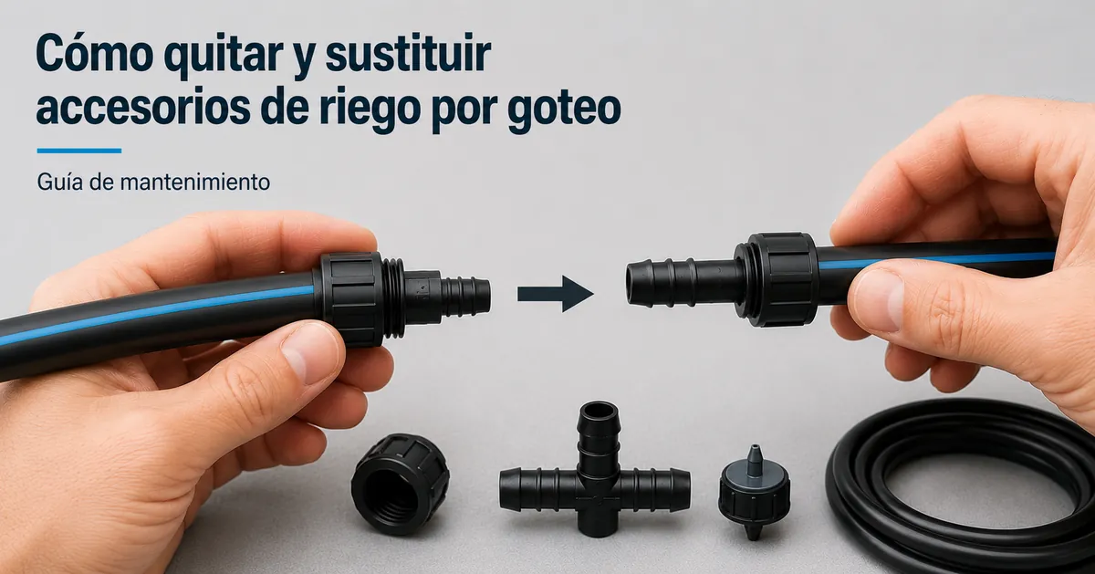 Accesorio de riego por goteo retirado y sustituido en una línea de tubería existente