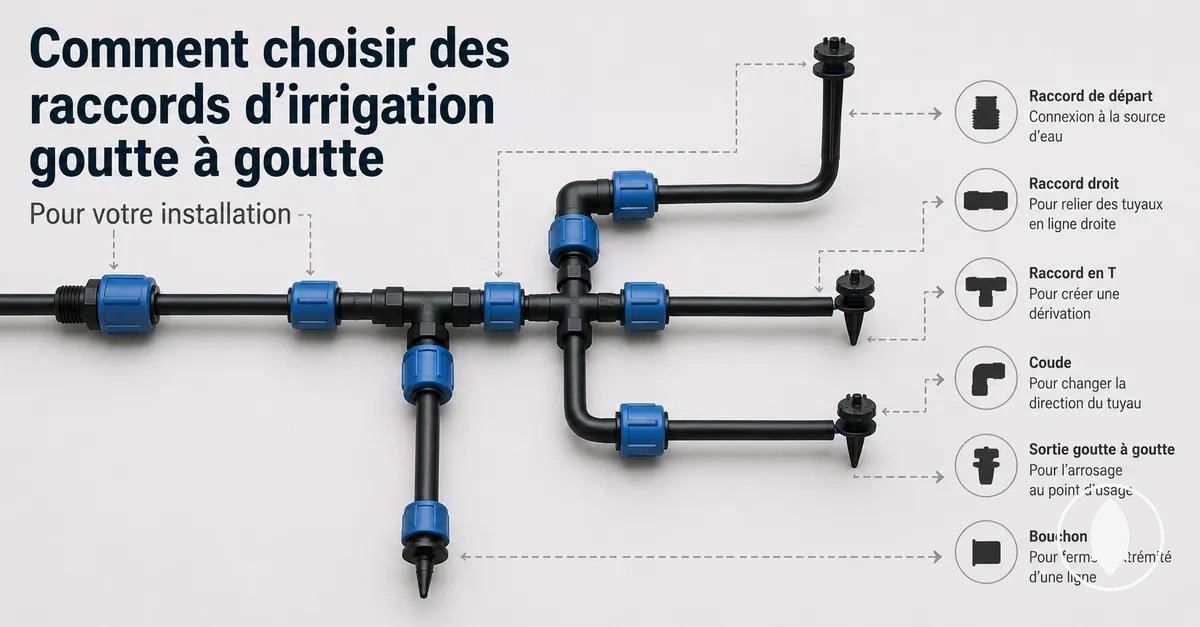 Raccords d’irrigation goutte à goutte sélectionnés dans une installation avec branches et lignes principales