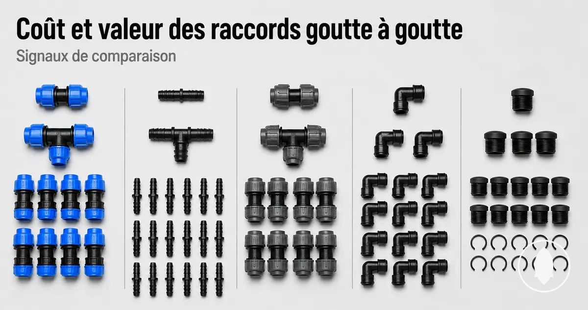 Raccords d’irrigation goutte à goutte regroupés par type et quantité pour comparer la valeur