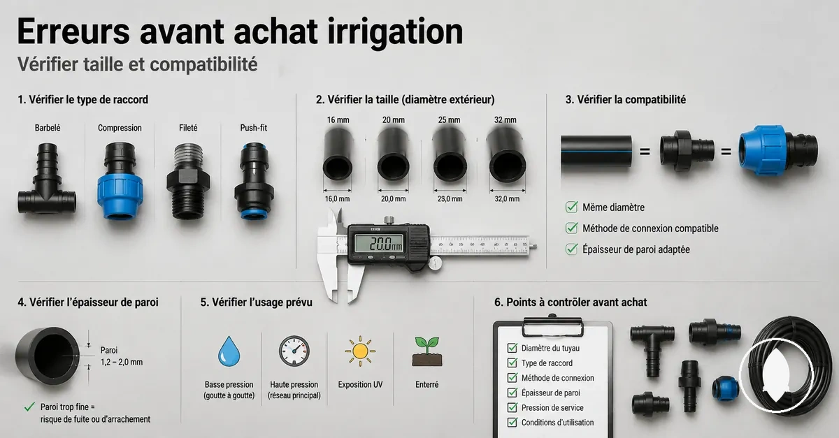 Vérification des raccords d’irrigation goutte à goutte pour éviter erreurs de taille et compatibilité avant achat