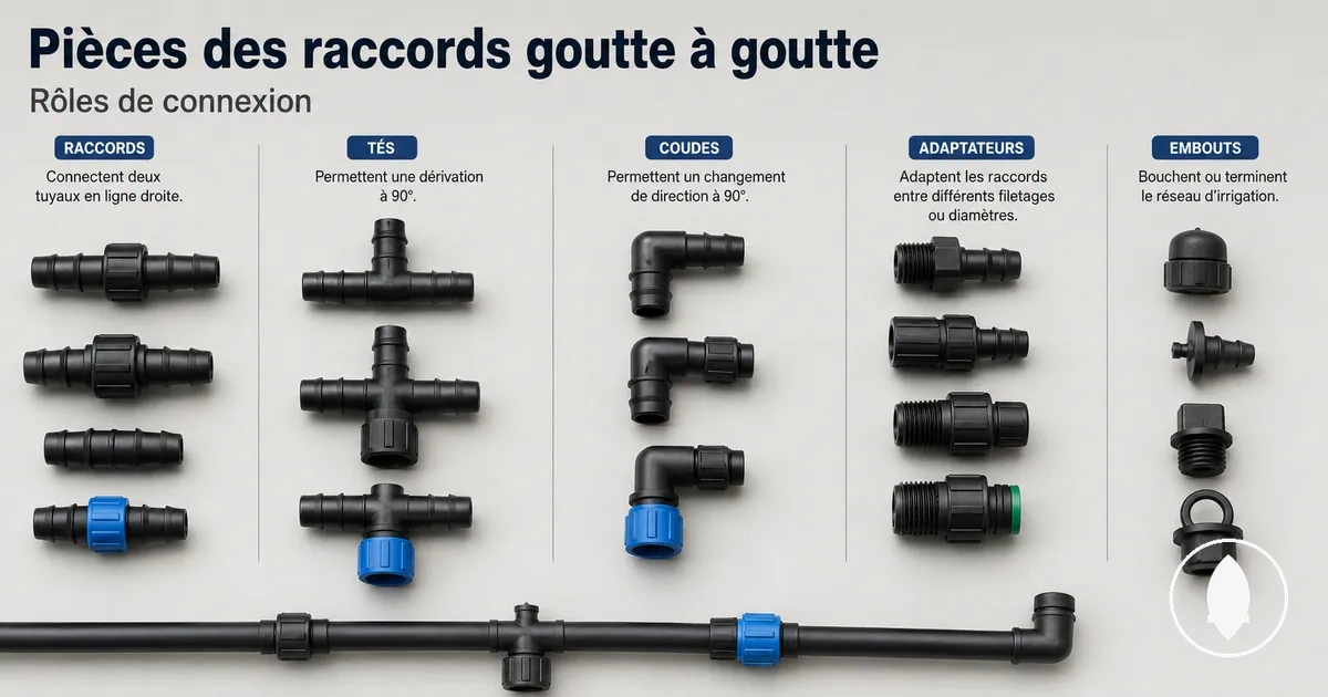 Pièces de raccords d’irrigation goutte à goutte : raccords, tés, coudes, adaptateurs et embouts