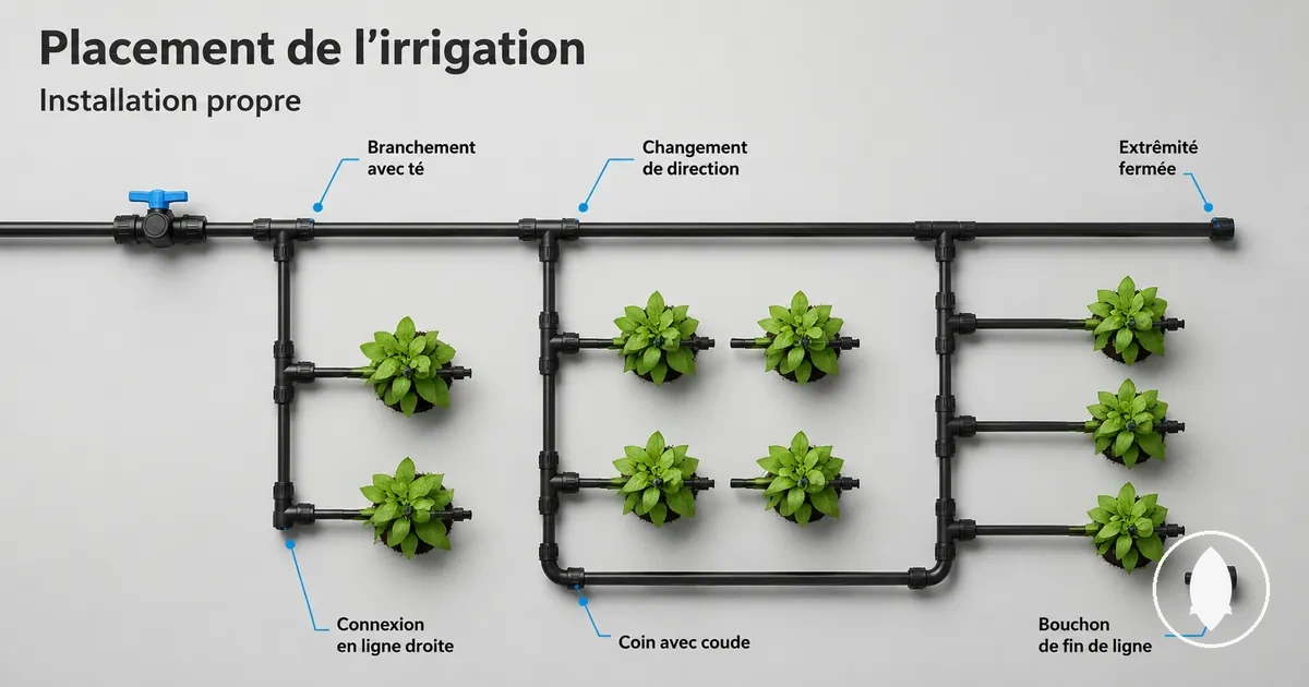 Placement des raccords d’irrigation goutte à goutte sur une installation organisée avec dérivations