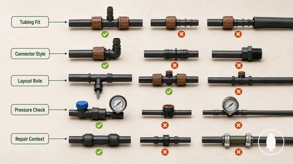 Raccords d’irrigation goutte à goutte regroupés par vérifications de compatibilité système avant achat