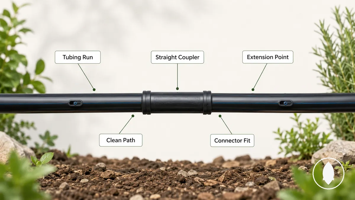 Jonction de tube goutte à goutte de conduite principale montrant un point d’extension propre et un placement de raccord droit