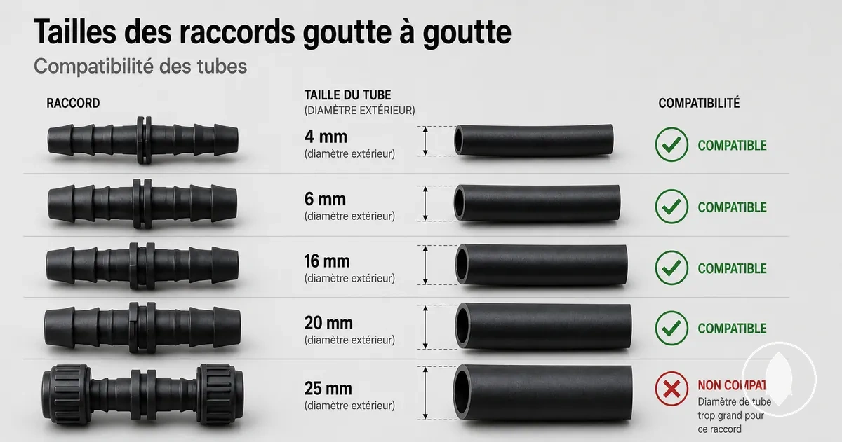 Comparaison de raccords d’irrigation goutte à goutte avec différents diamètres de tubes pour vérifier la compatibilité