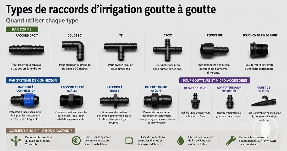 Différents types de raccords d’irrigation goutte à goutte classés selon leur forme et leur connexion