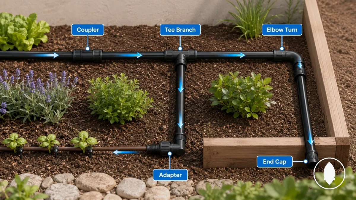 Diagrama mostrando conexões para irrigação por gotejamento unindo, redirecionando e fechando linhas de tubulação