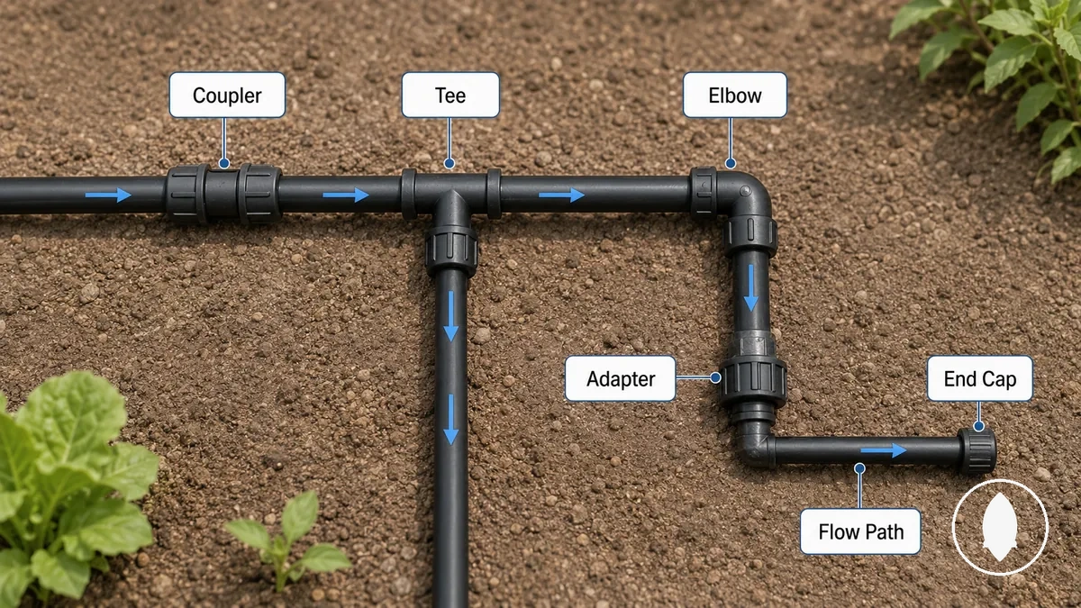 Peças de conexão para irrigação por gotejamento mostrando funções de conexão em uma linha de tubulação
