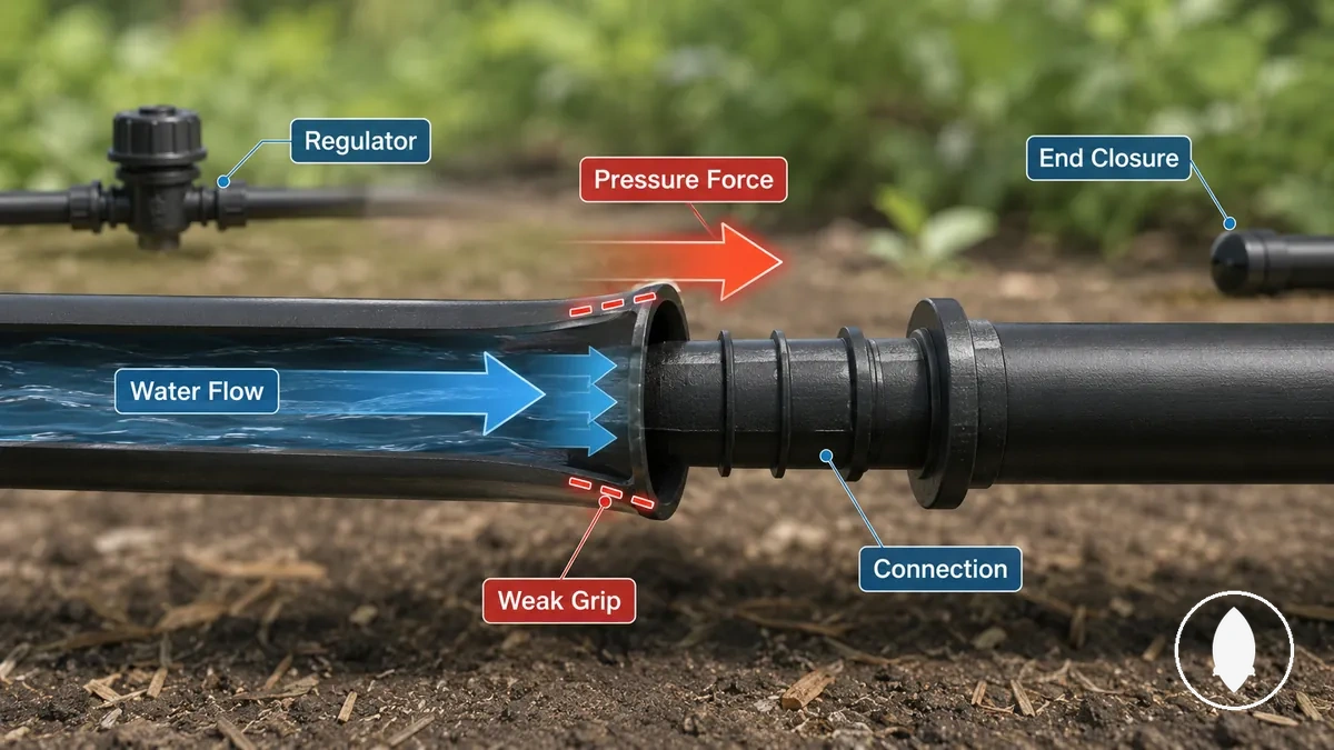 Força da pressão empurrando uma conexão de irrigação por gotejamento para fora do tubo