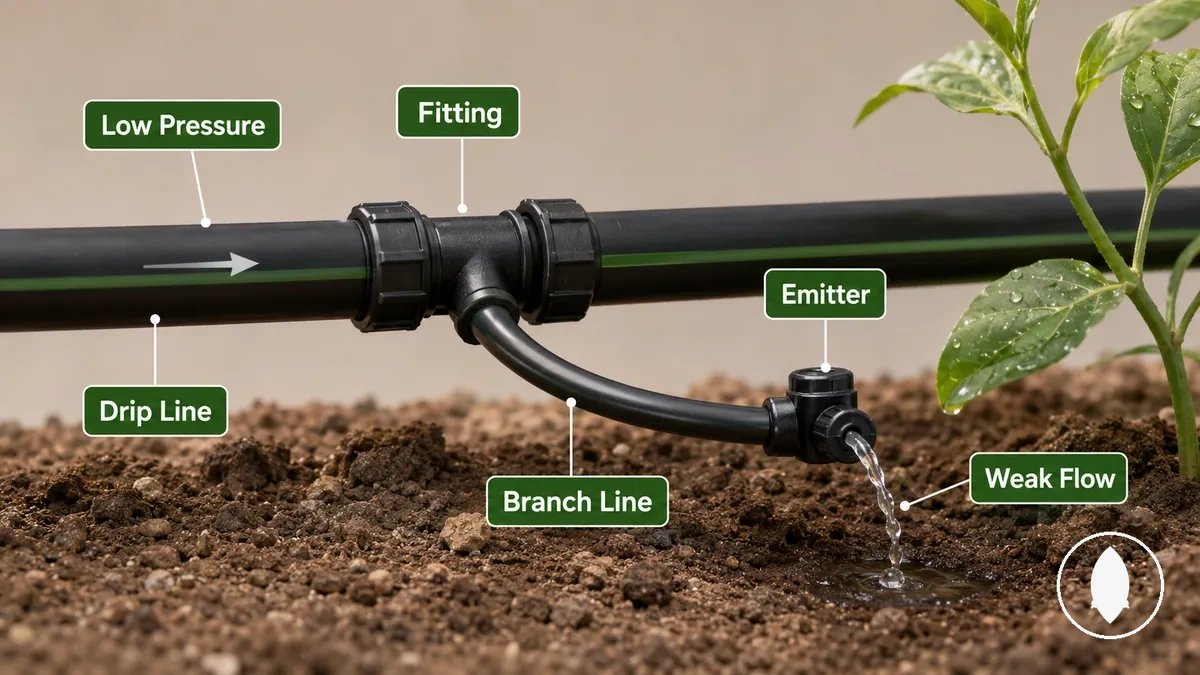 Diagrama mostrando fluxo fraco em um emissor de linha de gotejamento, conexão e direção do fluxo de água