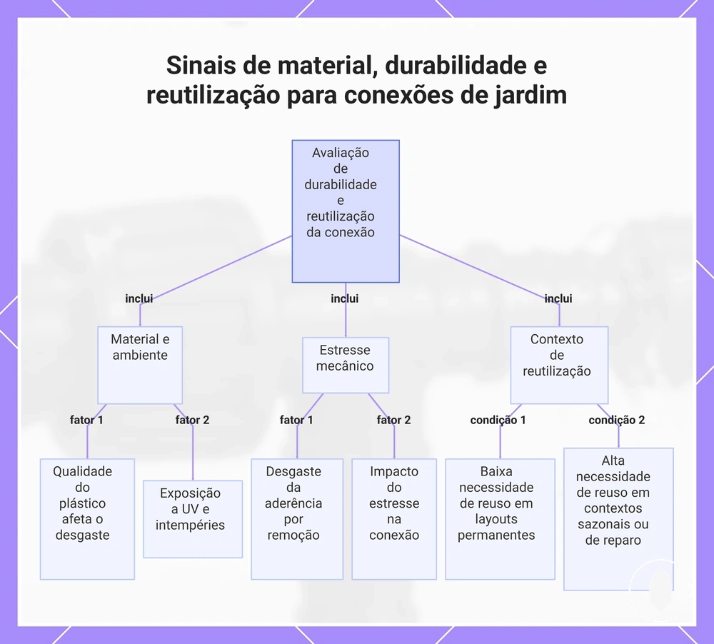 Sinais de material, durabilidade e reutilização para conexões de jardim
