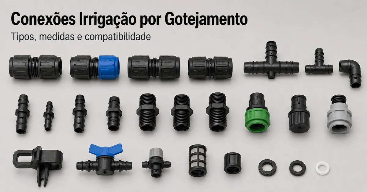 Conjunto de conexões para irrigação por gotejamento com diferentes conectores e encaixes para mangueiras
