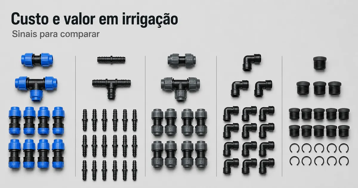 Conexões para irrigação por gotejamento agrupadas por tipo e quantidade para comparar fatores de valor