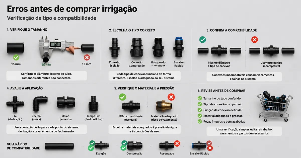 Conexões de irrigação por gotejamento organizadas para conferir medida, tipo e erros de encaixe antes da compra
