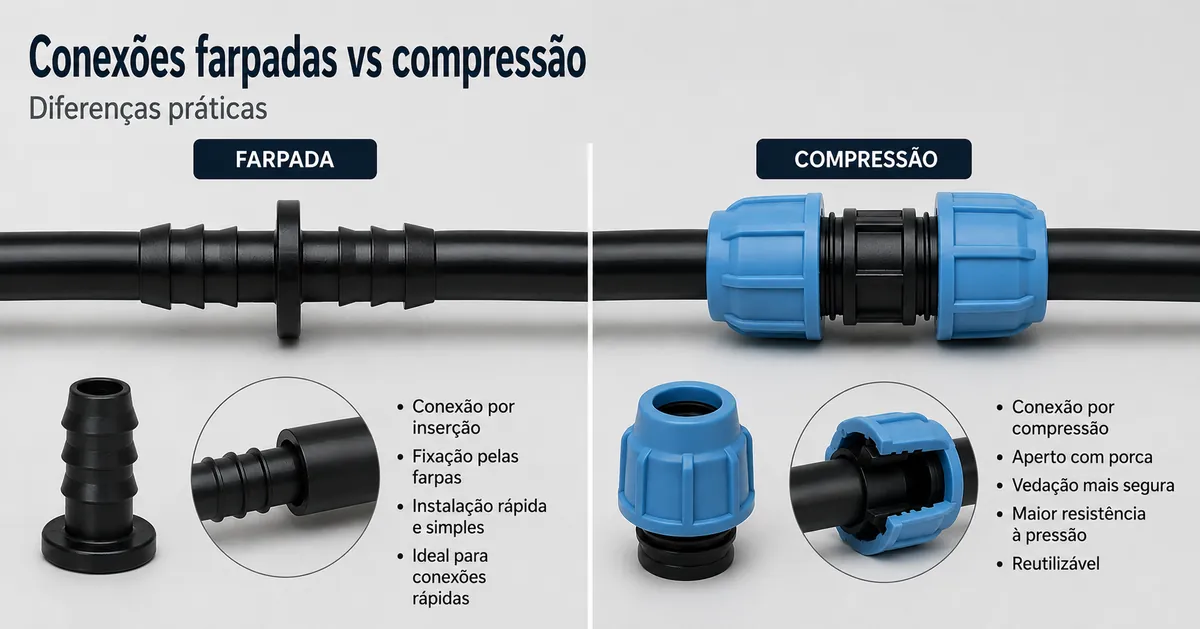 Conexões farpadas e de compressão para irrigação por gotejamento mostradas lado a lado para comparação