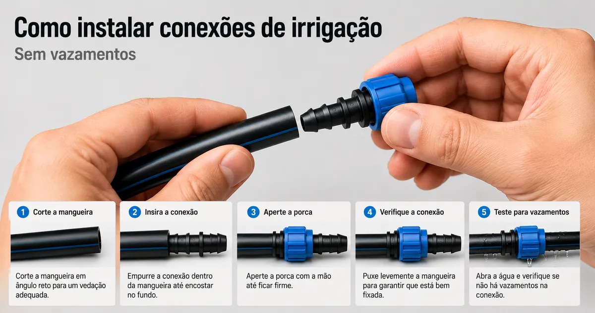 Mãos instalando conexões de irrigação por gotejamento em uma mangueira para evitar vazamentos