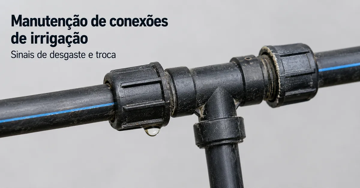 Conexões de irrigação por gotejamento sendo inspecionadas em busca de desgaste, vazamentos e sinais de troca