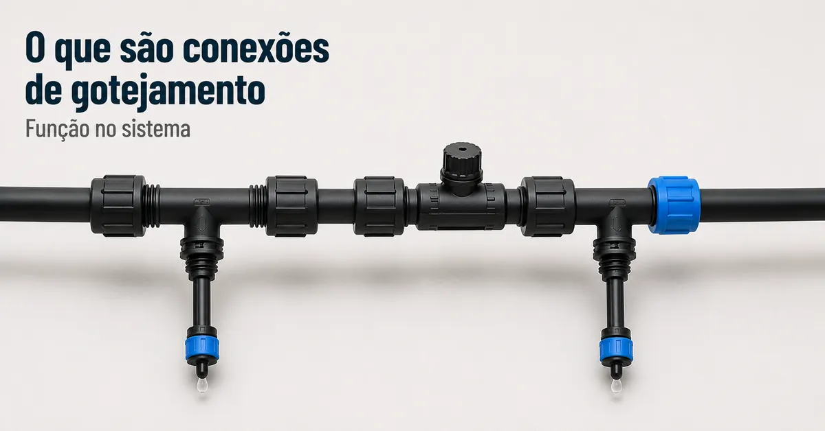 Conexões de irrigação por gotejamento ligadas a uma mangueira para mostrar sua função na linha de irrigação