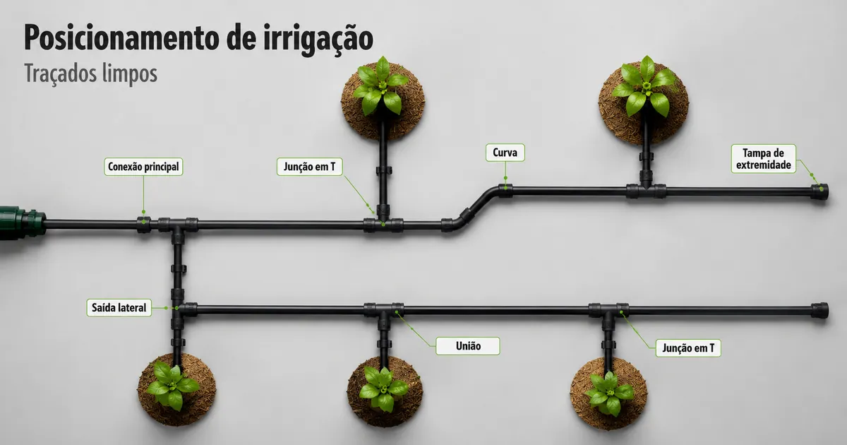 Conexões de irrigação por gotejamento posicionadas em ramais, curvas e extremidades de um traçado limpo