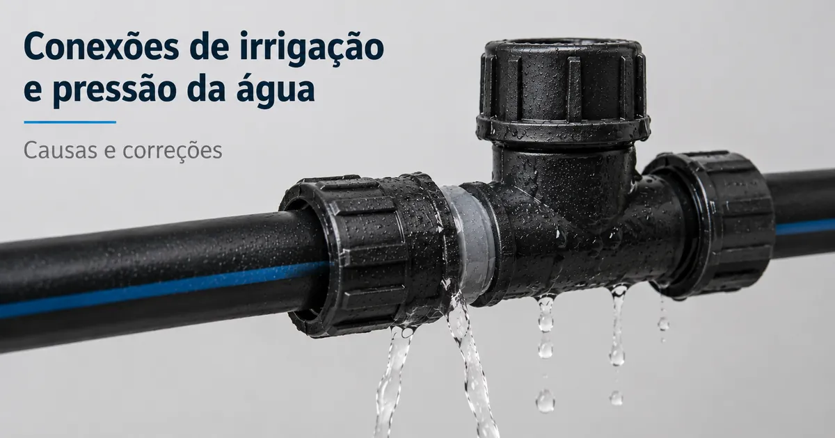 Conexões de irrigação por gotejamento perto de uma mangueira onde a pressão da água pode causar vazamentos