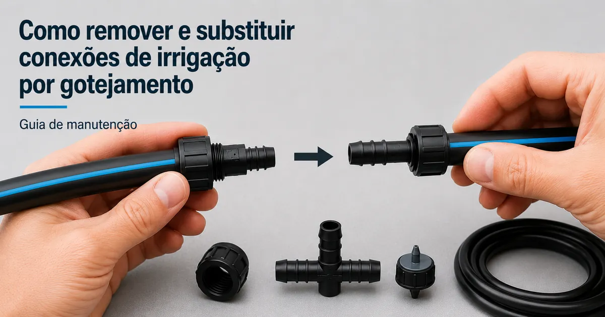 Conexão de irrigação por gotejamento sendo removida e substituída em uma mangueira já instalada