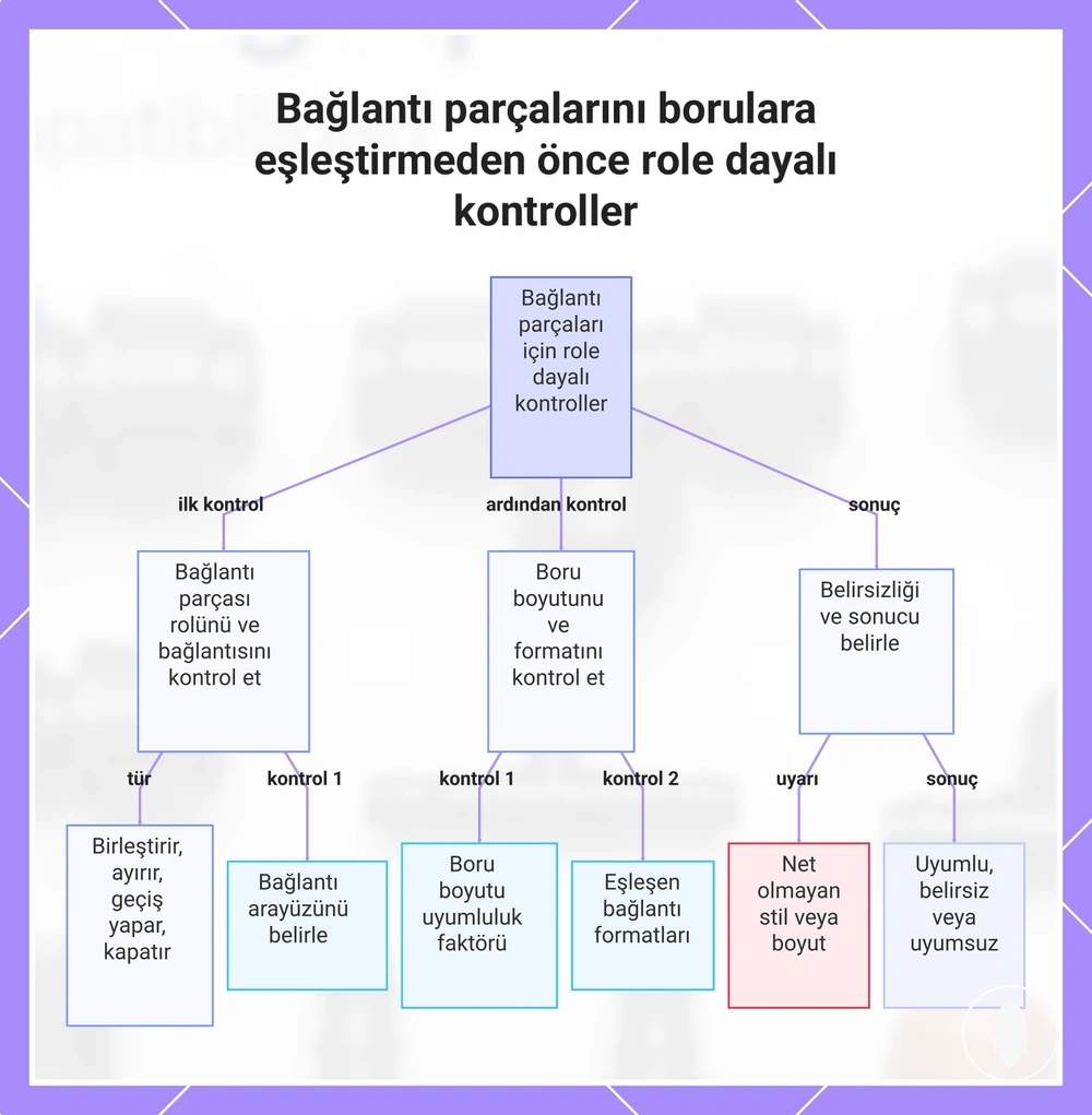 Bağlantı parçalarını borulara eşleştirmeden önce role dayalı kontroller