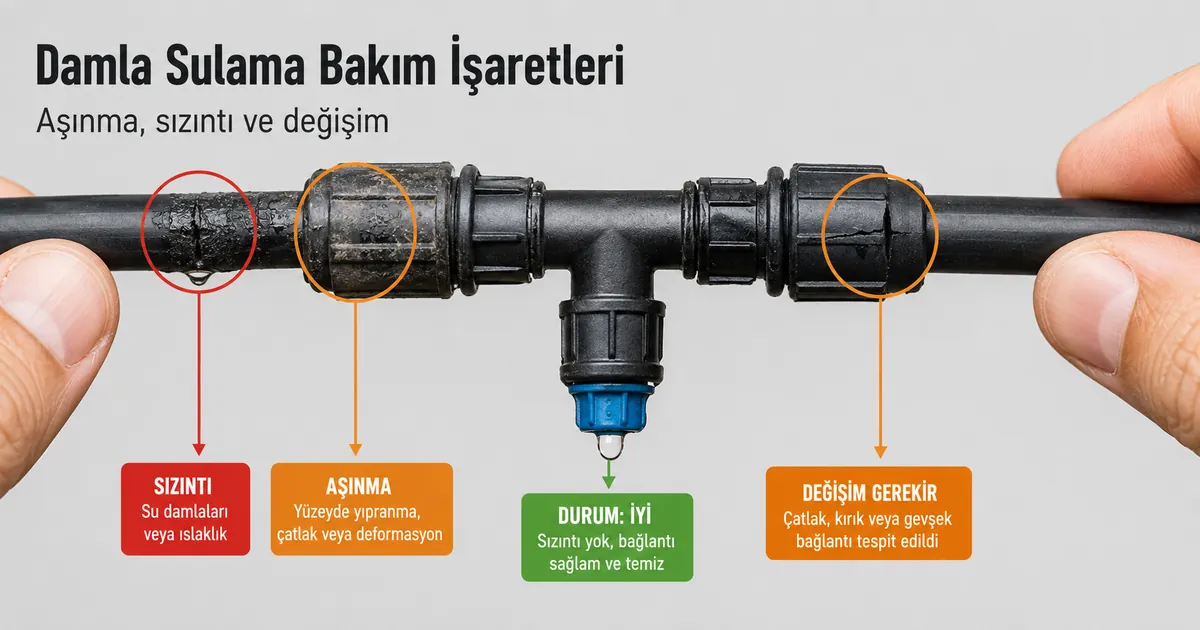 Aşınma, sızıntı ve değişim işaretleri için kontrol edilen damla sulama bağlantı parçaları