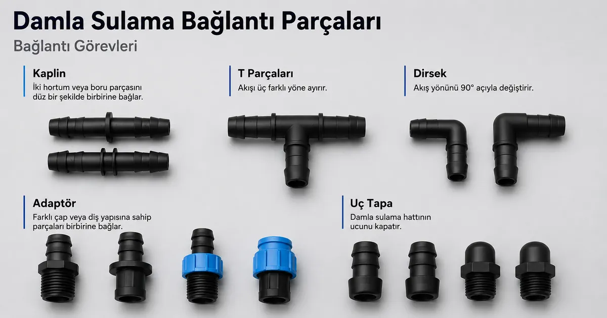 Kaplin, T parçası, dirsek, adaptör ve uç tapa içeren damla sulama bağlantı parçaları